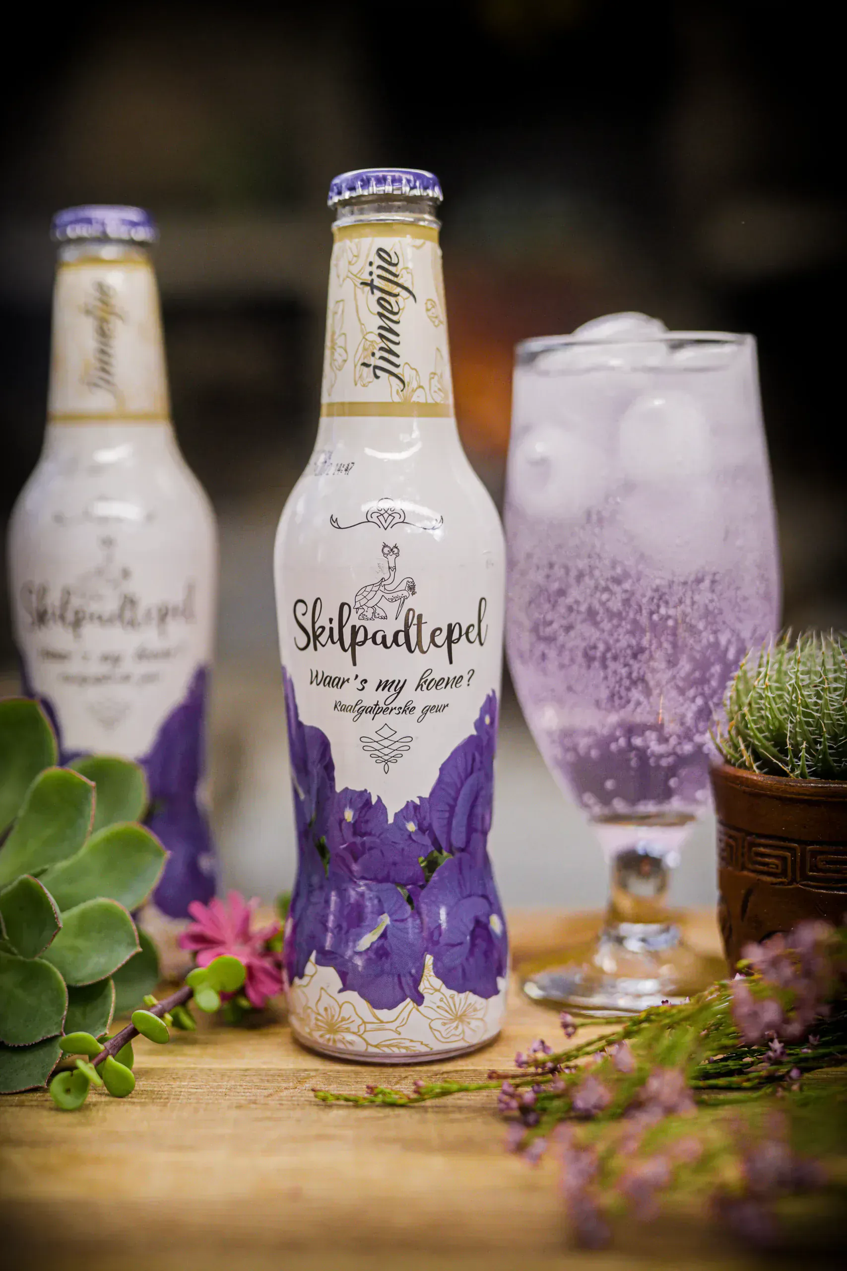 Twee Skilpadtepel Kaalgatperske Jinnetjie-bottels en 'n ligpers skemerkelkies oor ys op 'n houttafel met plante