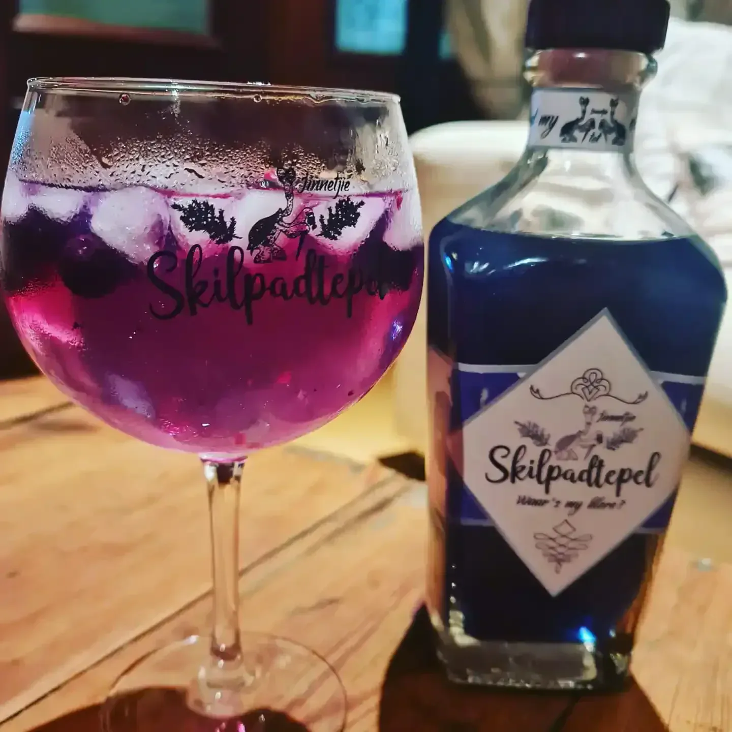 Skilpadtepel jenewer met donkerblou vloeistof en 'n ballonglas met magenta drank, bessies en ys